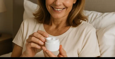 Mujer de mediana edad sentada en la cama, con una camiseta blanca y expresión relajada, sosteniendo entre las manos un envase blanco de crema mientras sonríe suavemente. Está a punto de aplicar la crema Fresh Overnight de Ringana, un producto cosmético destinado al cuidado facial nocturno. Esta imagen acompaña opiniones reales sobre la crema overnight Ringana, incluyendo reseñas positivas y negativas, recogidas de usuarias que la han probado. Palabras clave incluidas: overnight ringana opiniones, ringana overnight opiniones, fresh overnight ringana opiniones, crema overnight ringana opiniones.