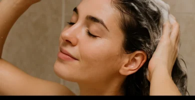 Mujer joven con el rostro relajado aplica champú sobre su cabello mojado mientras se ducha. La imagen refleja el momento en que el producto hace espuma, cubriendo su melena oscura. Esta escena acompaña una revisión de opiniones reales sobre el champú Ringana, incluyendo testimonios positivos y negativos sobre su eficacia, aroma, suavidad en el cuero cabelludo y resultados en diferentes tipos de cabello. Esta evaluación detallada permite conocer si el champú Ringana es ideal para ti según las experiencias de usuarios reales. Palabras clave integradas: champú Ringana opiniones, champu Ringana opiniones, Ringana champú opiniones.