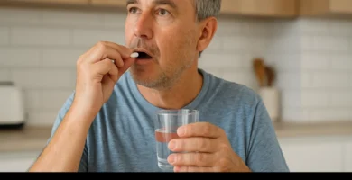 Hombre de mediana edad con cabello canoso, vestido con camiseta azul claro, sentado en una cocina moderna mientras toma una cápsula blanca acompañado de un vaso de agua. La imagen está acompañada de un texto que dice "Opiniones Nucleodol y Efectos Secundarios", en referencia a posibles efectos secundarios de Nucleodol. Las palabras clave relacionadas son: nucleodol opiniones negativas, nucleodol opiniones, nucleodol efectos secundarios, efectos secundarios de nucleodol, efectos secundarios nucleodol, nucleodol cápsulas efectos secundarios, nucleodol opiniones foro, opiniones nucleodol, nucleodol comentarios, opiniones de nucleodol.